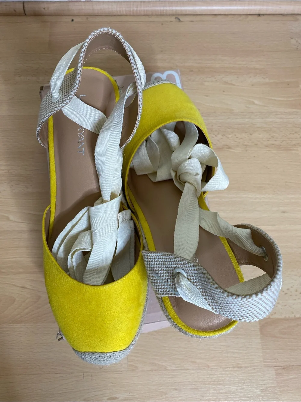 Lane Bryant Yellow Suede Espadrille Wedge Sandals with Cream Wraps
